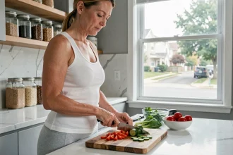 Femme préparant des légumes frais dans une cuisine moderne pour une semaine de perte de poids saine