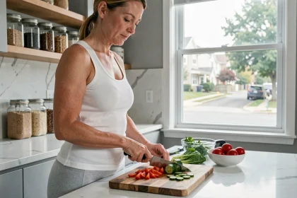 Femme préparant des légumes frais dans une cuisine moderne pour une semaine de perte de poids saine