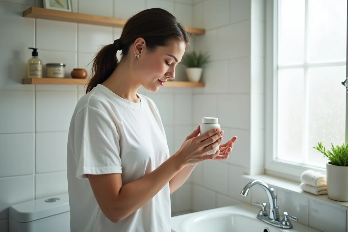 Femme réalisant un soin préventif nasal dans sa salle de bain pour éviter les récidives de quintes de toux