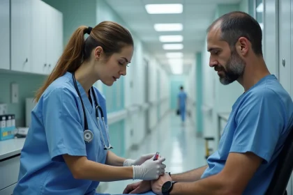 Prélèvement sanguin réalisé par une infirmière en laboratoire médical sur un patient adulte calme
