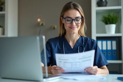 Professionnelle de santé préparant une évaluation qualité HAS sur ordinateur dans un bureau administratif d'établissement de soins