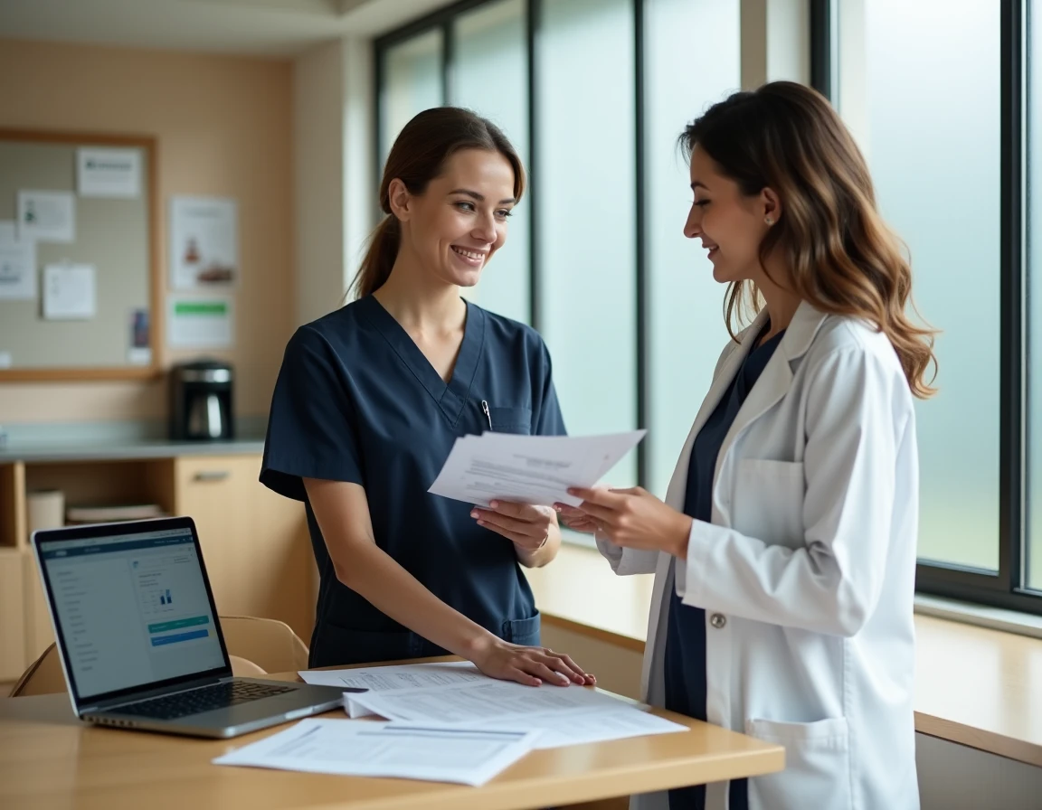 Deux professionnelles de santé comparant des logiciels de gestion des soins en salle de pause d'un EHPAD