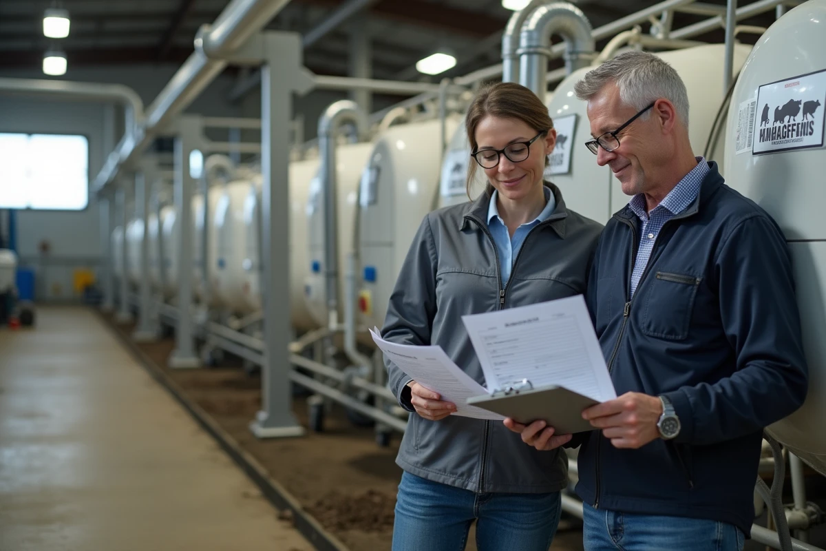 Deux professionnels de la filière laitière consultant les résultats d'analyse du lait infolabo dans une exploitation agricole moderne