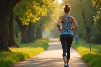 Personne marchant dans un parc au matin avec montre connectée