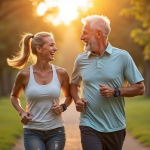 Couple marche dans un parc vert ensoleille avec montres connectees