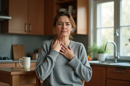 Femme adulte en cuisine tenant sa gorge lors d'une quinte de toux, illustrant le sujet des crises de toux et leurs remèdes