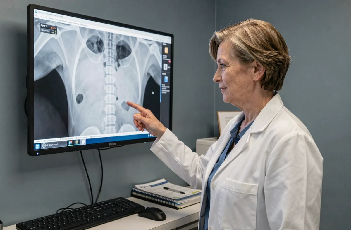 Radiologue analysant une radiographie cervicale montrant une rectitude rachidienne après un traumatisme en voiture