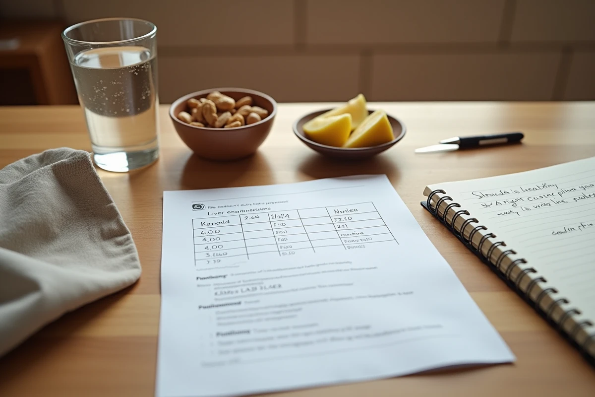 Rapport d'analyses hépatiques avec alimentation saine illustrant la prise en charge de la stéatose hépatique non alcoolique