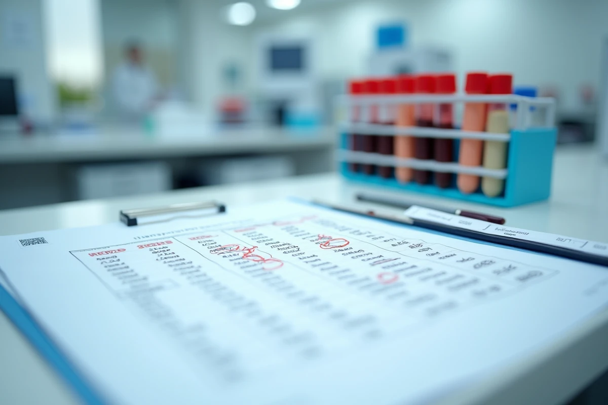 Rapport d'analyses biologiques montrant des valeurs de transaminases SGPT et SGOT sur un bureau de laboratoire médical avec des tubes de prises de sang