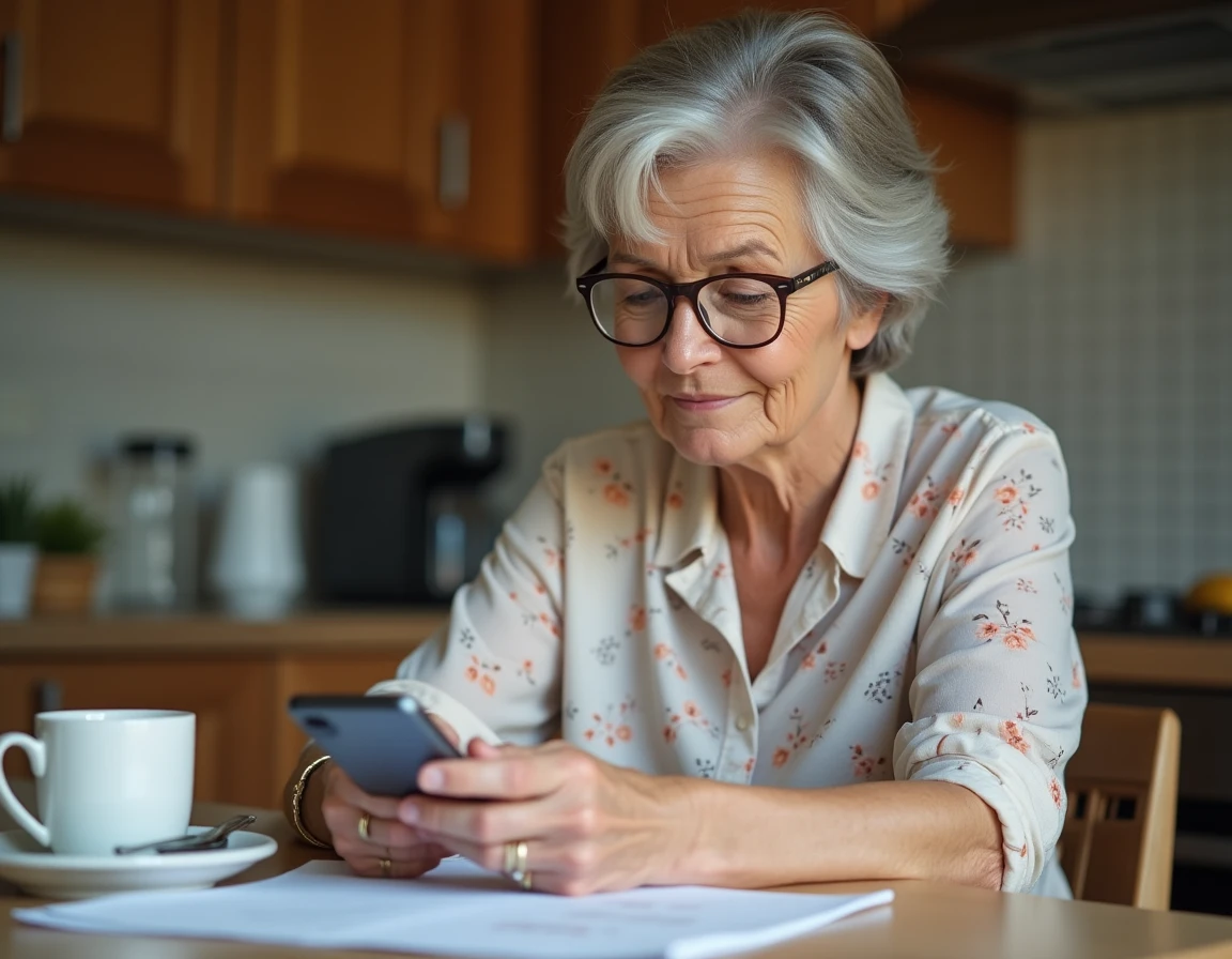 Femme vérifiant l'adresse postale CPAM Lyon sur le site Ameli depuis son smartphone à domicile