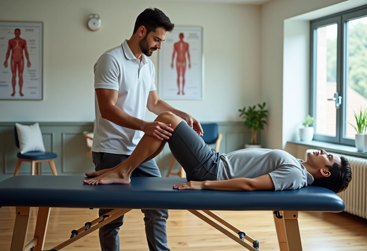 Therapeute physique aidant un jeune athlète en etirement