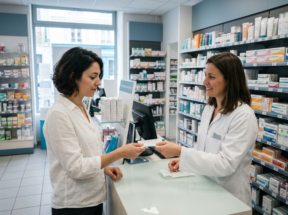 Femme remettant un reçu d'achat de culotte menstruelle à une pharmacienne pour remboursement en pharmacie française