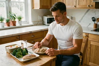 Homme athlétique de 70 kg assis devant un repas équilibré pour la prise de masse, avec du poulet grillé, du riz complet et des légumes
