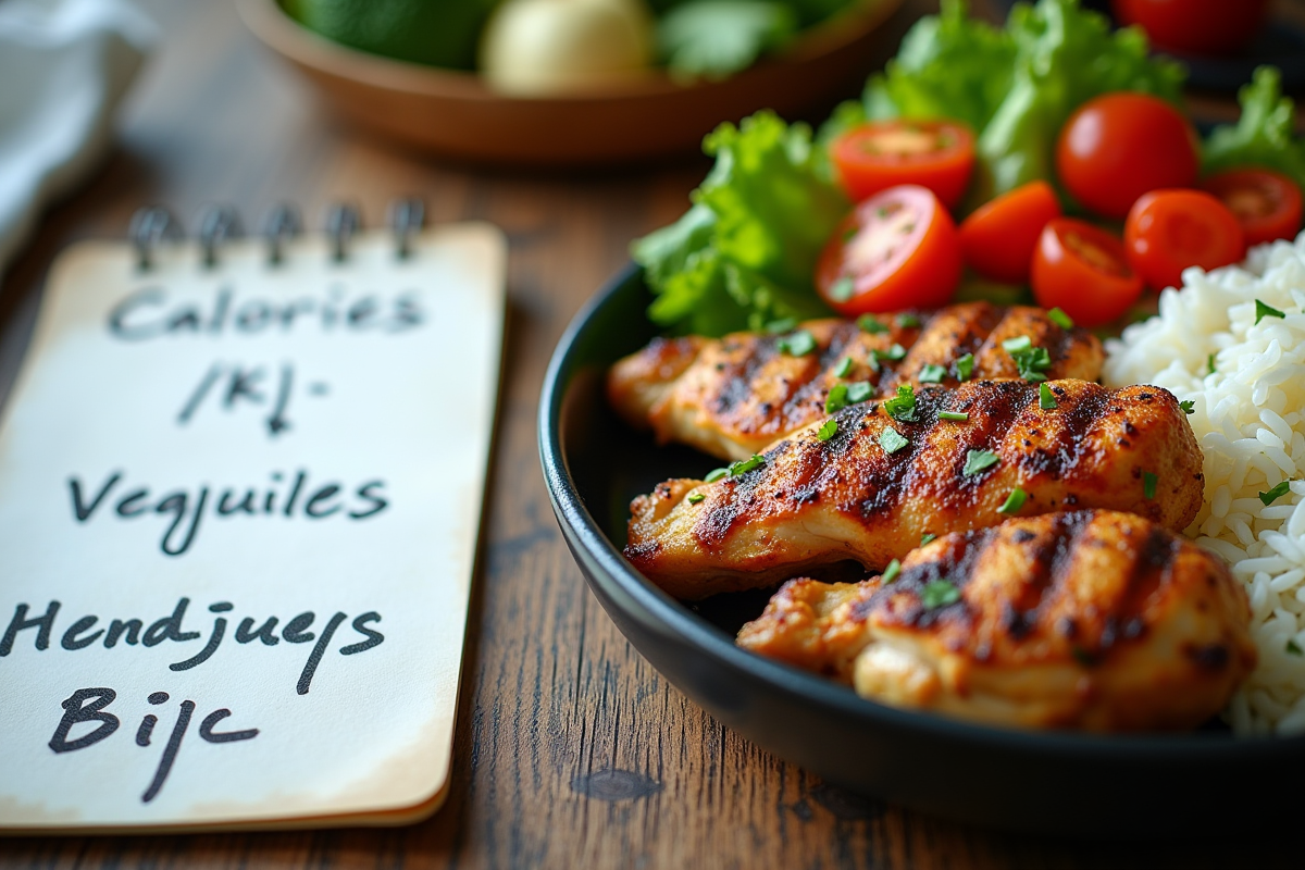 Repas sain avec poulet légumes et riz sur une table en bois