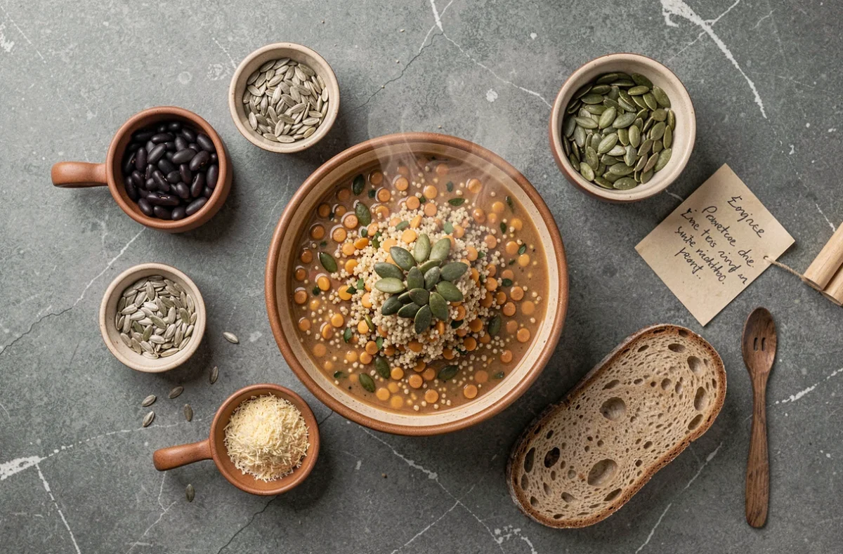 Vue de dessus d'un repas végétarien riche en zinc avec soupe de lentilles, graines de courge, haricots noirs et pain complet sur une surface en pierre