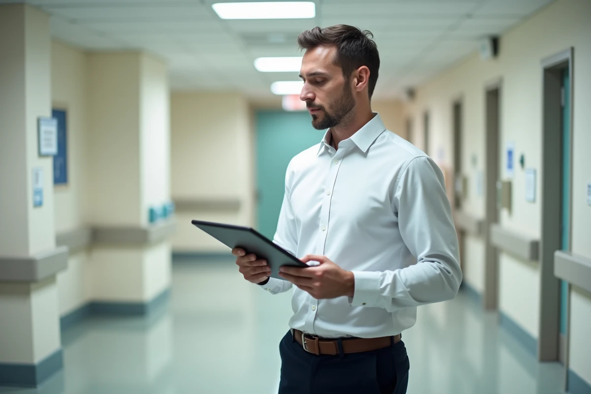 Responsable qualité consultant un tableau de bord NETSoins sur tablette dans un couloir d'établissement de soins