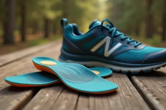 Semelles orthopédiques Akusoli posées à côté de chaussures de randonnée sur une table en bois, vue de dessus détaillée