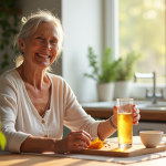 Seniore souriante prenant de la vitamine D au petit déjeuner