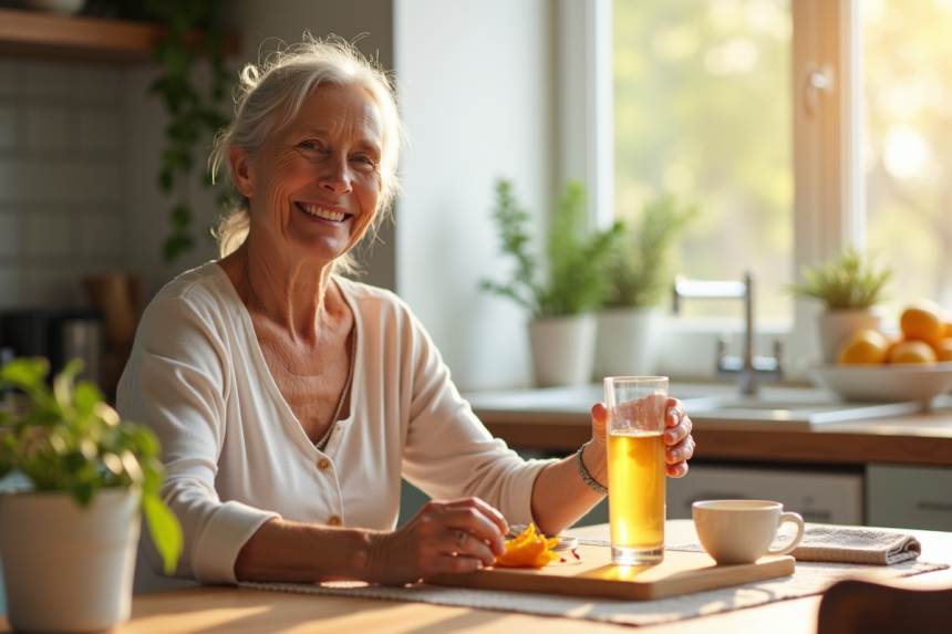 Seniore souriante prenant de la vitamine D au petit déjeuner