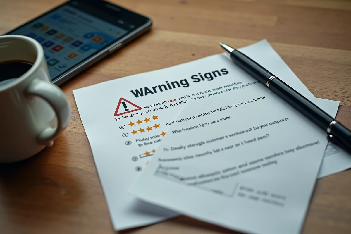 Liste imprimée de signes d'alerte pour identifier un site e-commerce peu fiable posée sur un bureau avec une tablette affichant des avis clients
