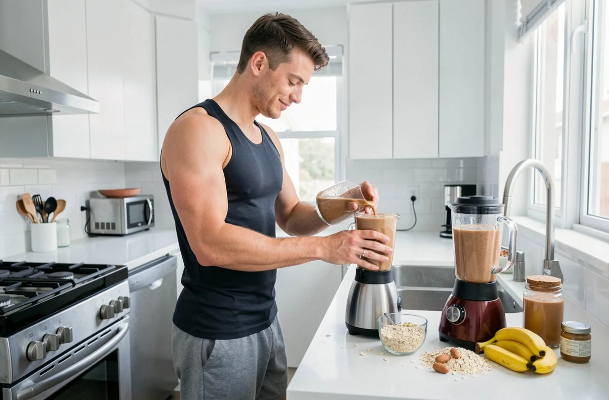 Jeune homme musclé préparant un smoothie protéiné pour la prise de masse dans une cuisine moderne