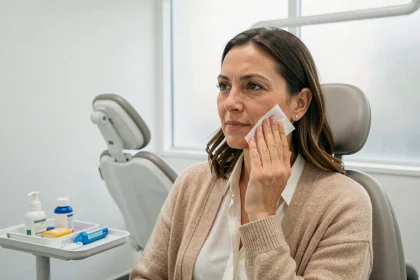 Femme après une opération dentaire recevant des instructions de soins post-opératoires dans un cabinet dentaire moderne