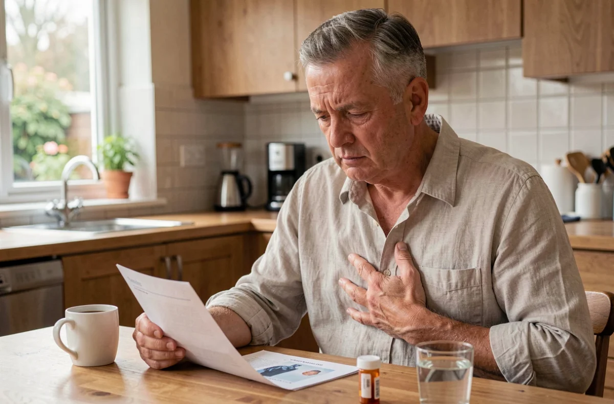 Homme d'âge mûr consultant une ordonnance médicale pour traiter ses symptômes de douleur intercostale à domicile