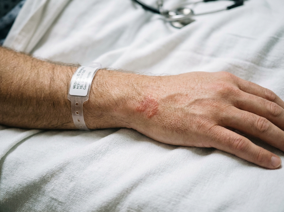 Rougeurs cutanées sur l'avant-bras d'un patient hospitalisé, signe d'alerte dermatologique pouvant indiquer une leptospirose contractée en eau douce