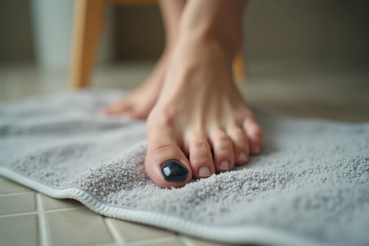 Tache noire sous l'ongle du gros orteil visible sur un pied adulte posé sur une serviette, signe de traumatisme unguéal