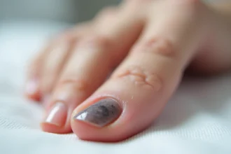 Gros plan macro sur un ongle avec une tache noire visible sous la plaque unguéale, contexte médical et dermatologique