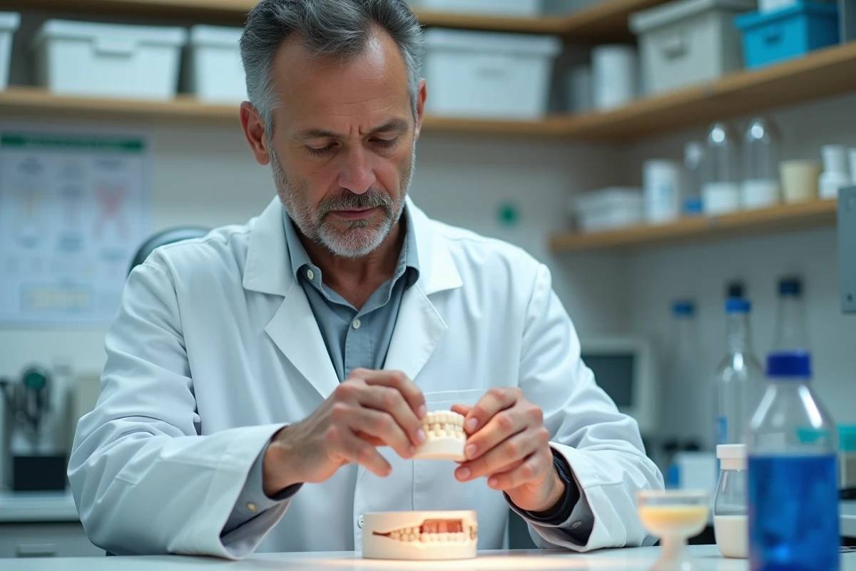 Technicien dentaire en laboratoire alignant des dents en résine