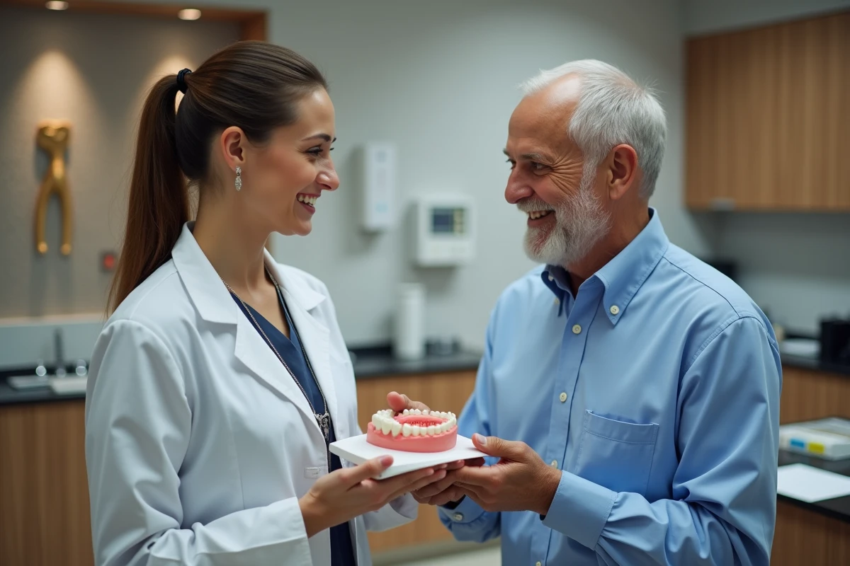 Technicienne dentaire remettant une prothese au dentiste souriant