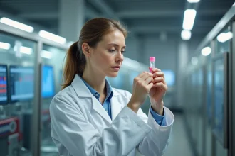 Technicienne de laboratoire laitier analysant un échantillon de lait dans un laboratoire d'analyse qualité infolabo