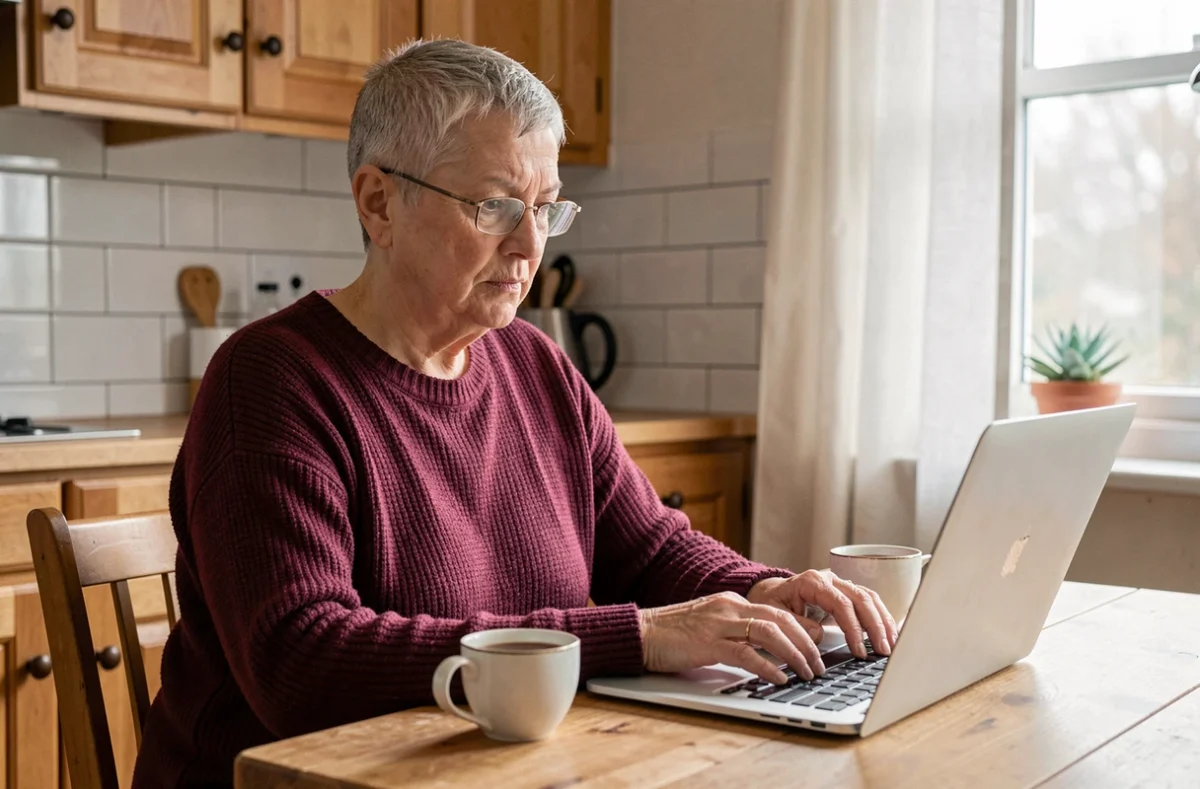 Femme en rémission après chimiothérapie travaillant à domicile depuis sa cuisine, représentant le télétravail comme aménagement professionnel pendant un traitement médical