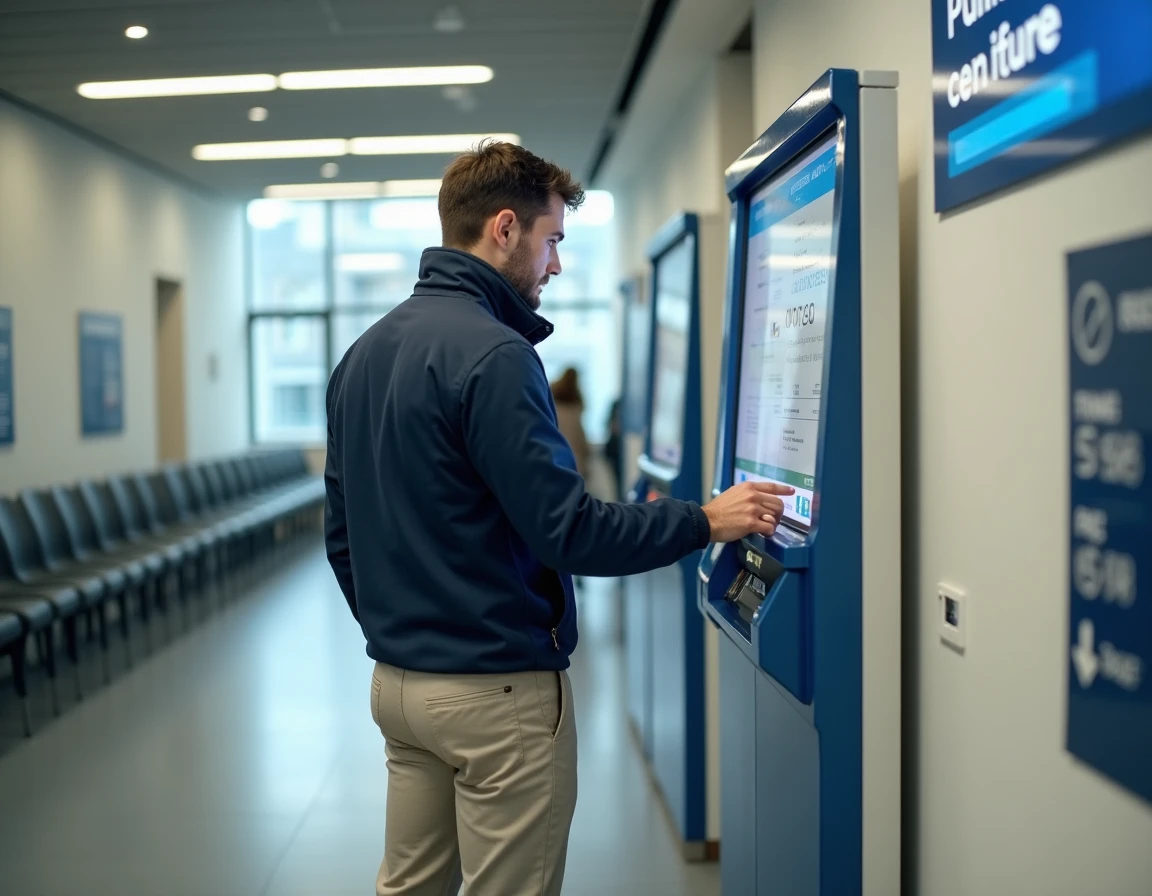 Homme consultant un terminal numérique en agence pour obtenir l'adresse postale CPAM Lyon actualisée