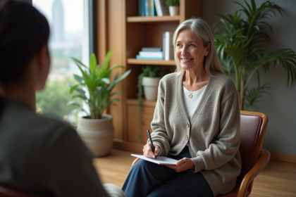 Thérapeute femme en consultation dans un bureau chaleureux