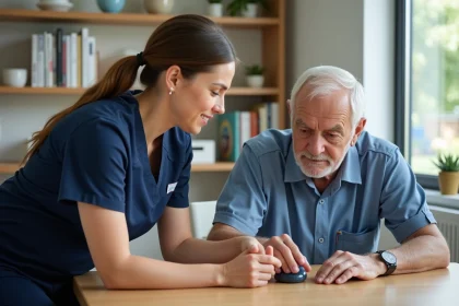 Jeune therapie occupationale aidant un senior avec de la pate a modeler