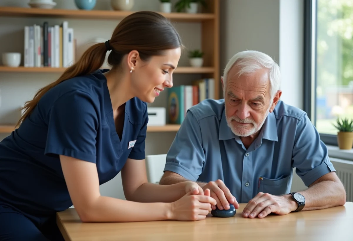 Jeune therapie occupationale aidant un senior avec de la pate a modeler
