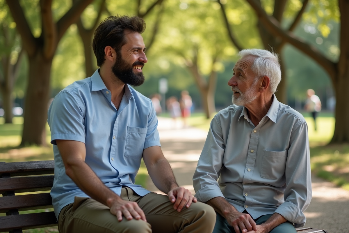 Thérapeute homme en discussion dans un parc en plein air