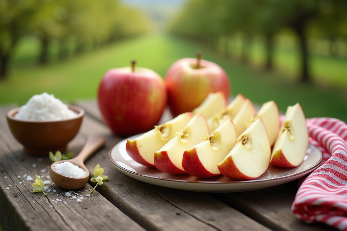 Tranches de pomme fraîche sur une assiette en extérieur