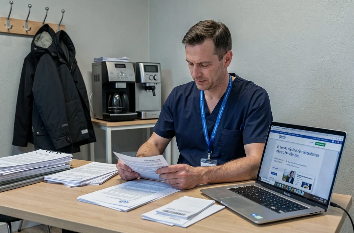 Travailleur frontalier aide soignant examinant un contrat de travail luxembourgeois dans une salle de repos
