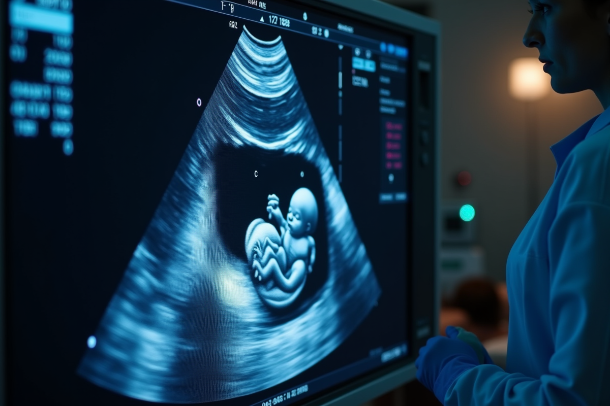 Image 3D d un fetus sur un moniteur médical moderne