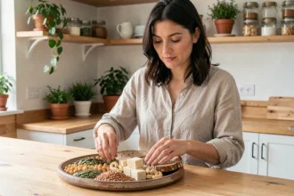 Femme végétarienne arrangeant des aliments riches en zinc comme des graines de courge, lentilles et pois chiches sur un plateau en céramique dans une cuisine naturelle