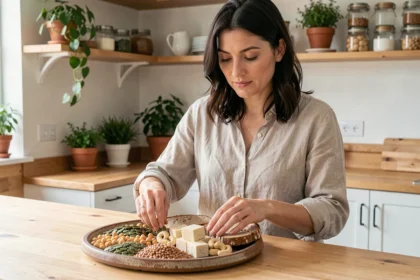Femme végétarienne arrangeant des aliments riches en zinc comme des graines de courge, lentilles et pois chiches sur un plateau en céramique dans une cuisine naturelle