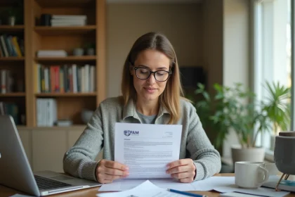 Femme consultant un courrier officiel de la CPAM pour vérifier l'adresse postale à jour en 2026