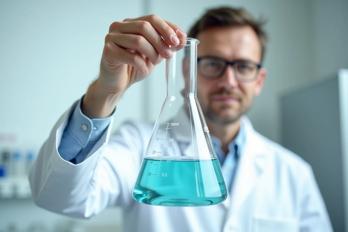 Scientifique vérifiant le niveau de remplissage d'une fiole jaugée au trait de jauge pour calculer la concentration d'une solution