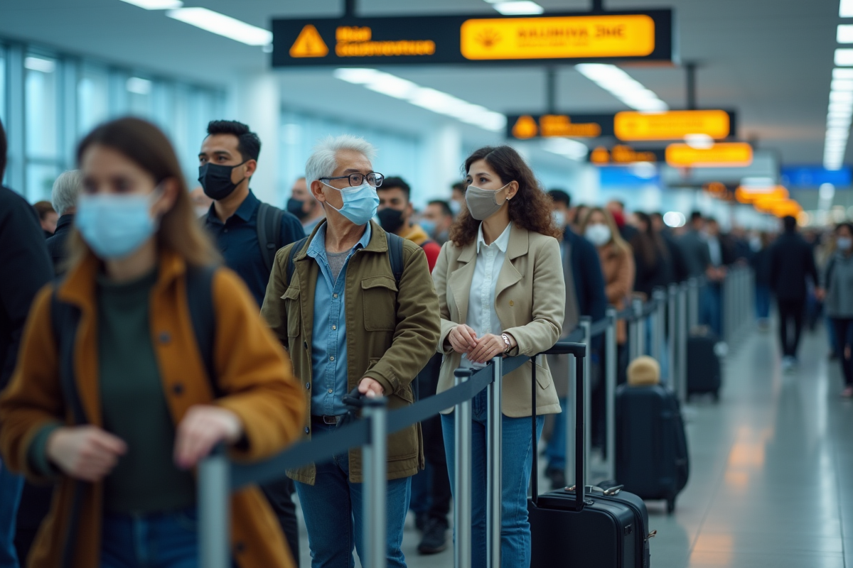 Groupe de voyageurs portant des masques dans un hall d